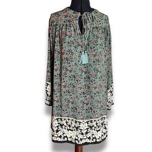 Natural Life Boho Peasant Tunic Dress L Green Floral